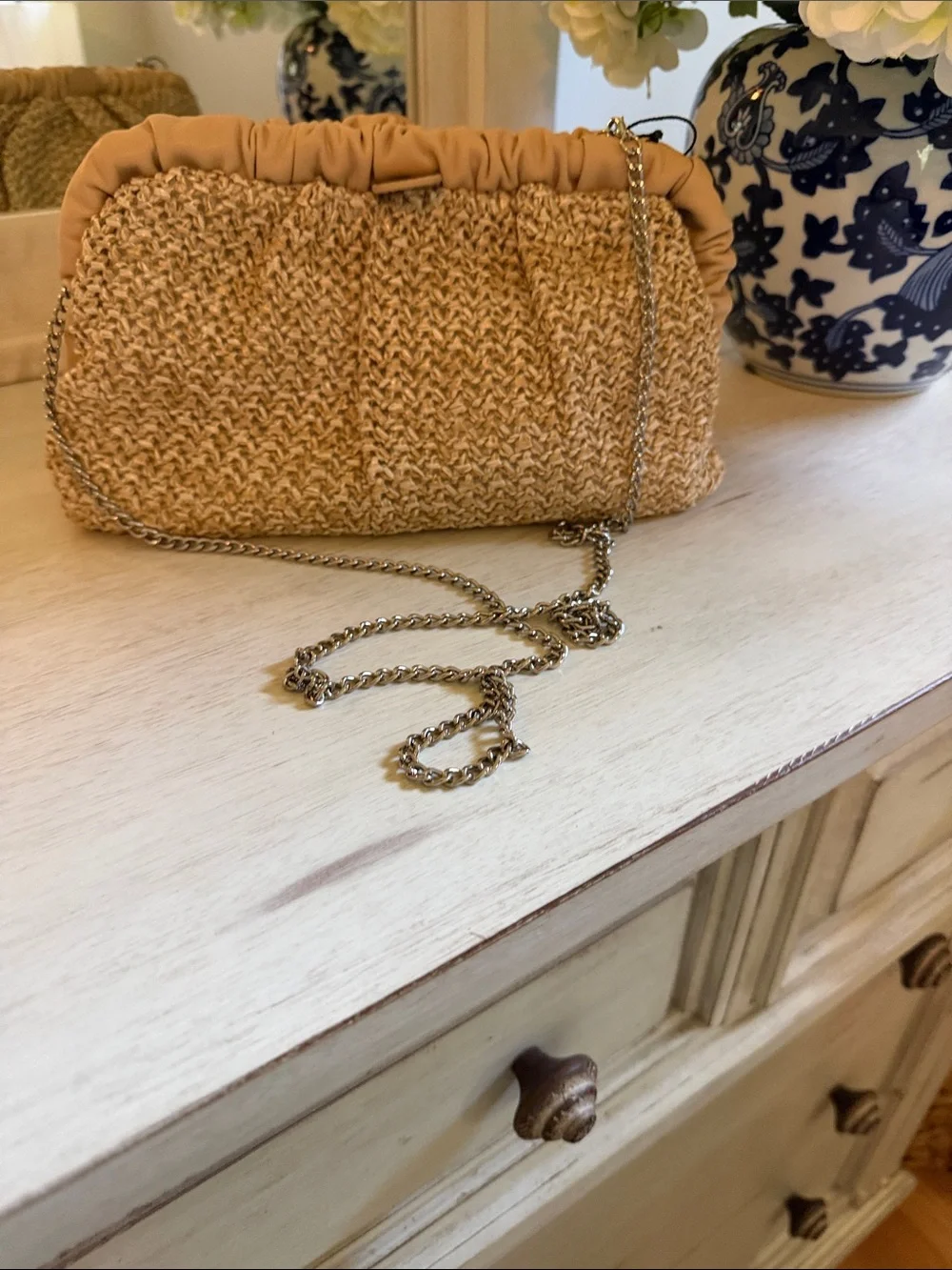 Olga Berg Tan Woven Clutch with Gathered Trim